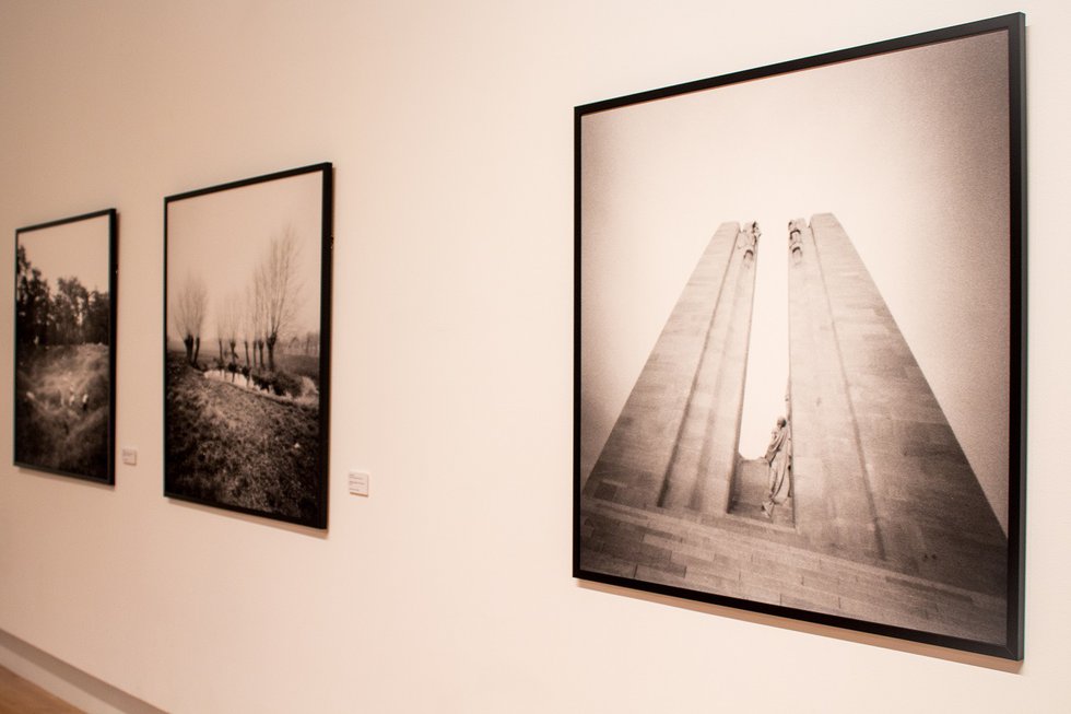 Dianne Bos, "Vimy Memorial II,” “Pond Farm Bomb Field” and “Vimy Crater and Sheep, Vimy Ridge” (right to left), 2014