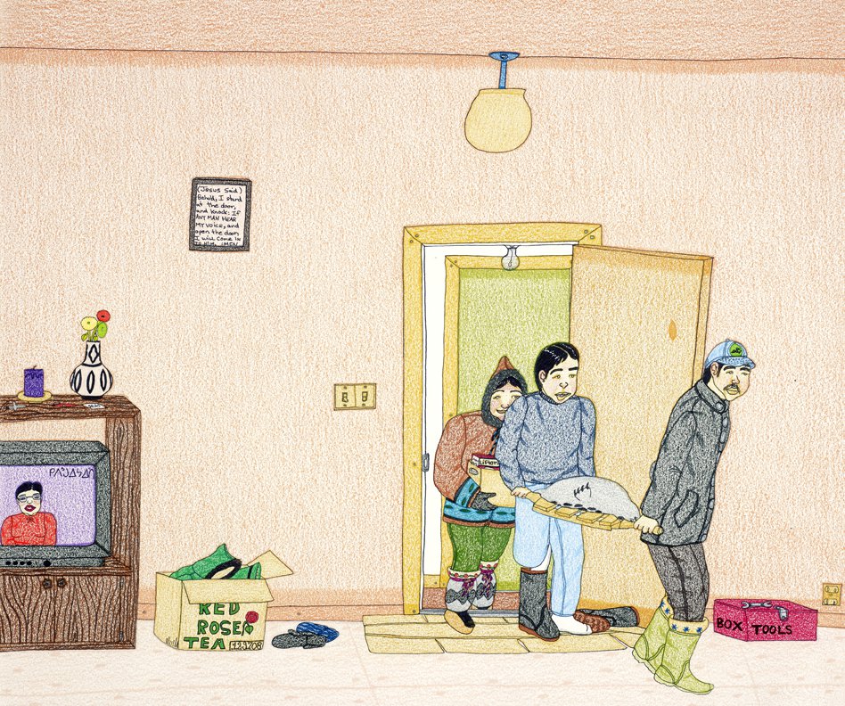 Annie Pootoogook, “Bringing Home Food,” 2003-2004