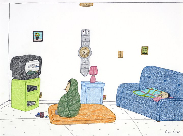 Annie Pootoogook, “Watching Hunting Shows,” 2004