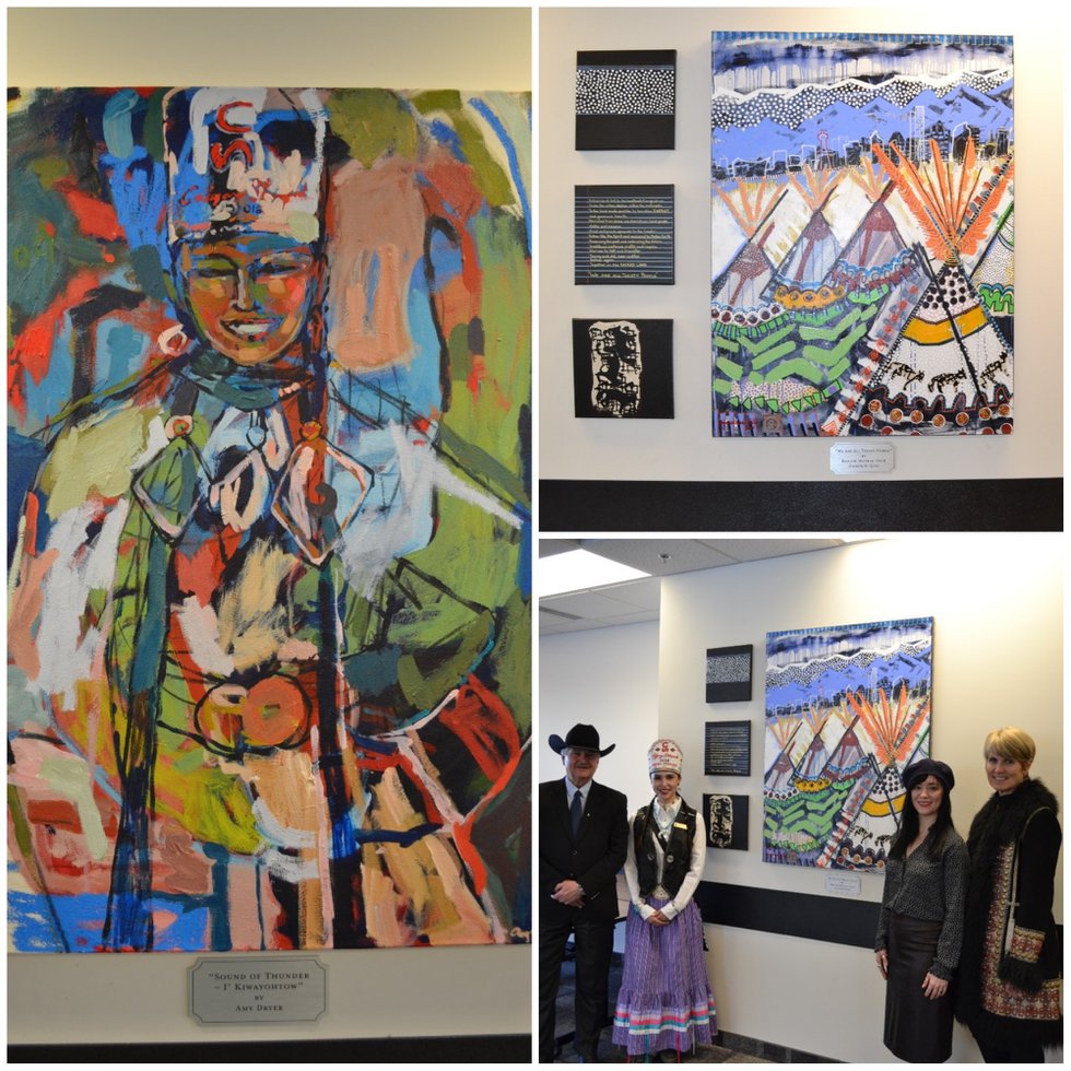 left: Amy Dryer, "Sound of Thunder," right-top: Bonnie MacRae-Kilb, "We Are All Treaty People," right-bottom: Roc Spence, Cieran Starlight, Amy Dryer, Bonnie MacRae-Kilb