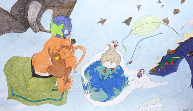 Shuvinai Ashoona, "Untitled," (Breast Feeding, Planets, Alligator, Duck), no date