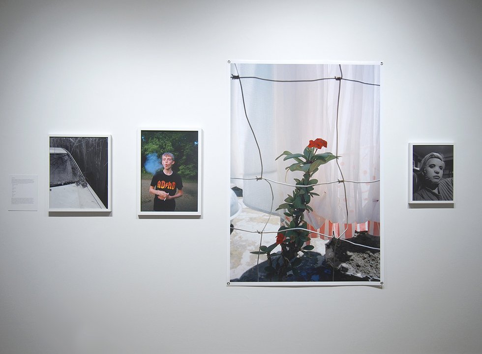 Graham Wiebe, (left to right): “A Car, A Home,” 2019, C-print; “Preteen Smoker (ADHD),” 2015, C-print; “Crown of Thorns,” 2018, C-print; “Chantel’s Mask,” 2019