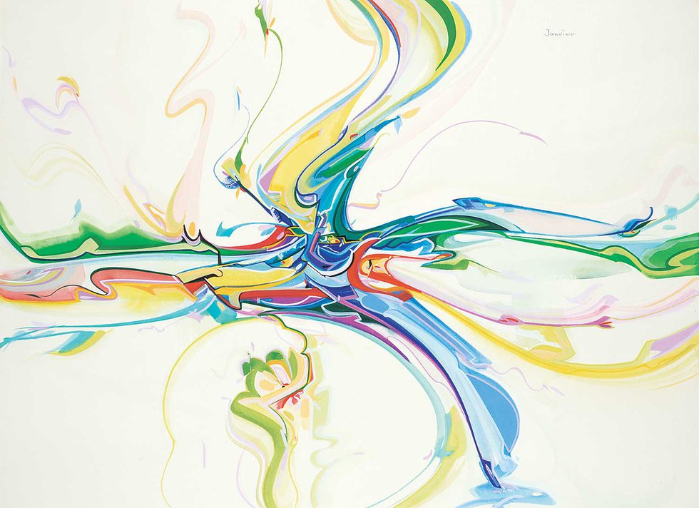 Alex Janvier, "Networking Curator," circa 1988, gouache on paper, 22" x 30" ($29,250 - Levis)