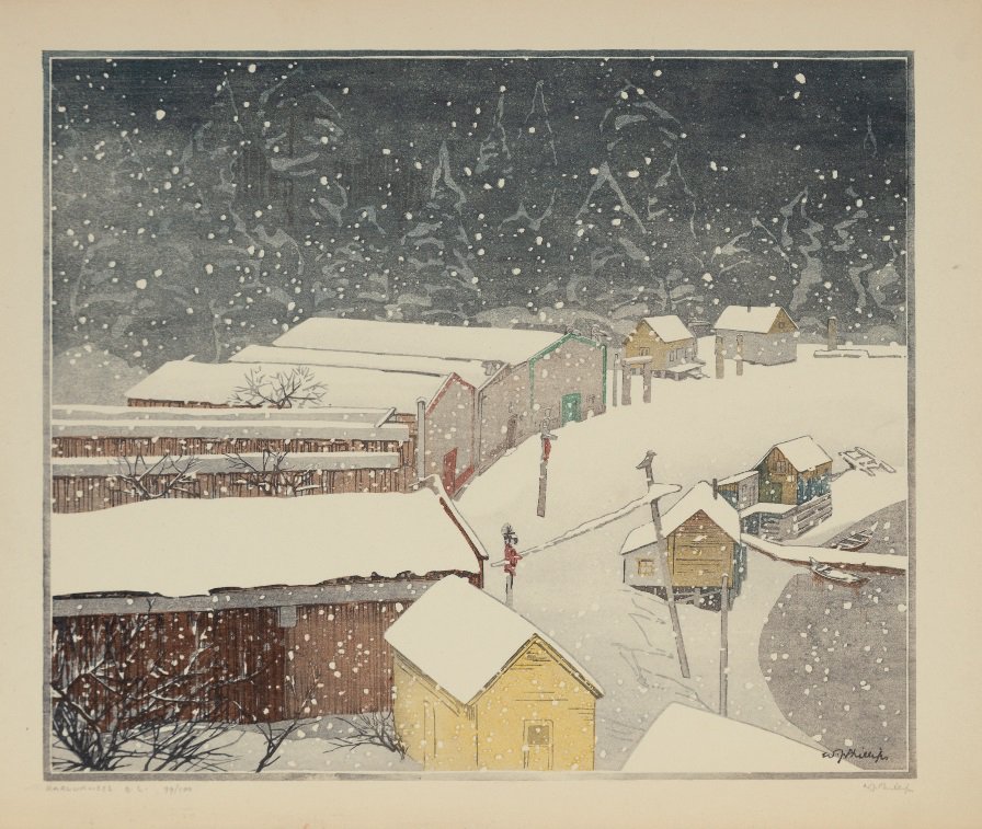 Walter J. Phillips, "Karlukwees BC," 1929, woodcut, printed in colours, 99/100, 10" x 12" ($66,000 - Waddington's)