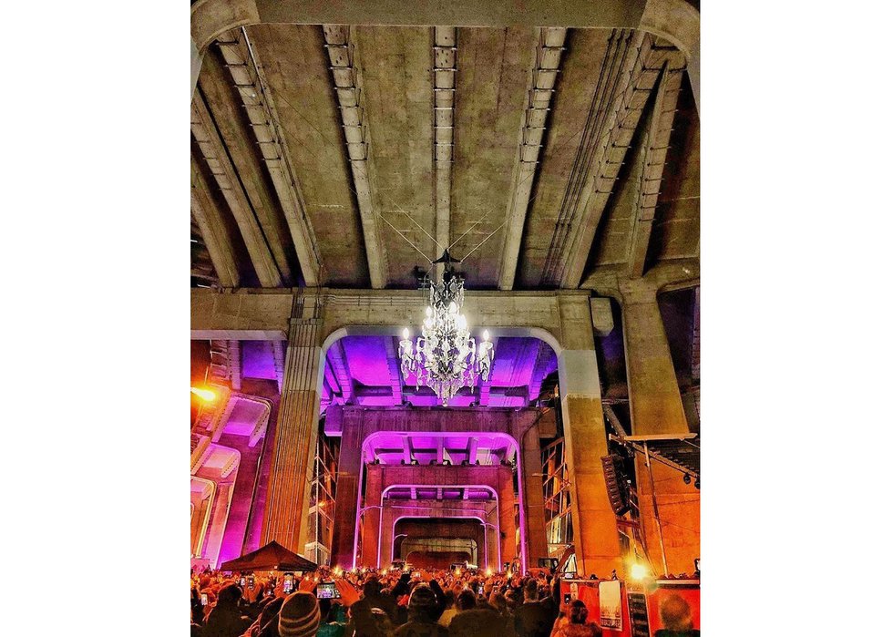 Rodney Graham, "Spinning Chandelier," 2019, installation view underneath the Granville Street Bridge.