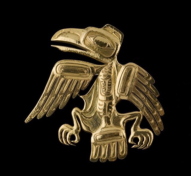 Bill Reid, “Raven Brooch,” 1962, 22k gold, 2.5” x 2” (SFU Bill Reid Collection 2002.1.6; gift of Martine Reid; photo by Kenji Nagai)