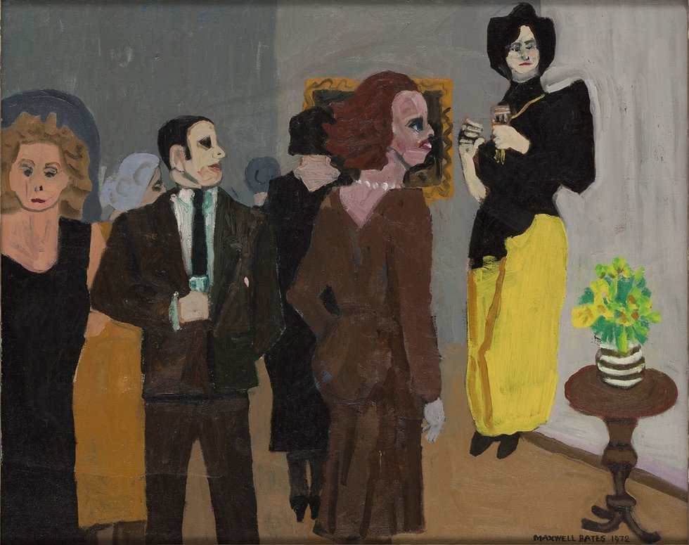 Maxwell Bates, “Yellow Reception,” 1972, oil on canvas (Collection of University of Victoria Legacy Art Galleries, gift of Myfanwy Spencer Pavelic)