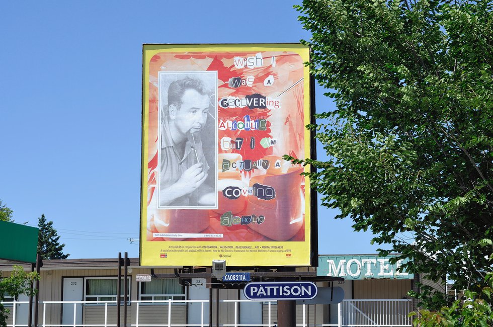 This billboard along the Trans-Canada Highway featured a collage about addiction by a community participant. (photo by Dick Averns)