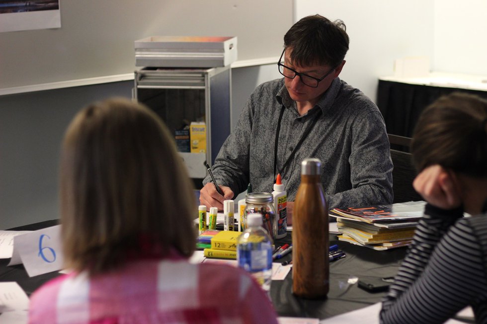 Dick Averns, centre, at a social practice workshop in Calgary as part of the public art project “Recognition… Validation… Reassurance…” (photo courtesy U of C student club for mental health awareness)