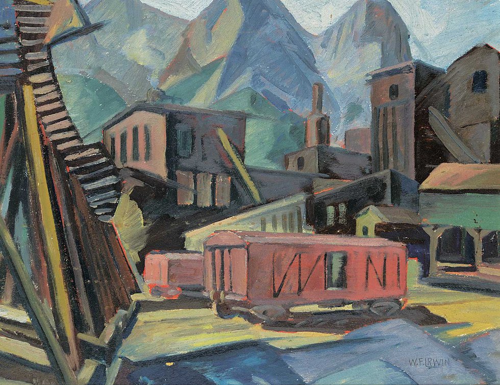 Wesley Irwin, "Sunday at the Canmore Mines," circa 1948, oil on paper board, 13" x 17" (sold at Levis for $1,989)