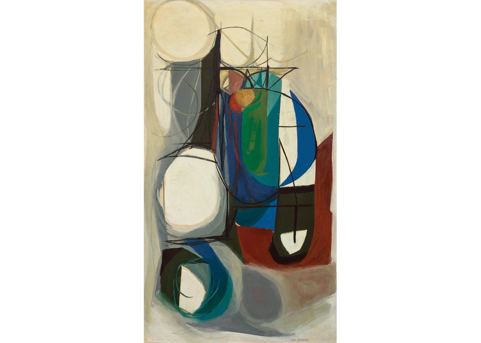 Tom Hodgson, "Non Objective (Bluish)," circa 1953-54, oil on board, 42" x 23" (sold at Cowley Abbott for $60,000)