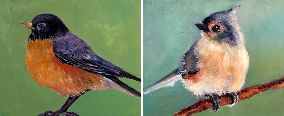 Lori Goldberg, "Spring Robin (left) and Little Bushtit," 2021