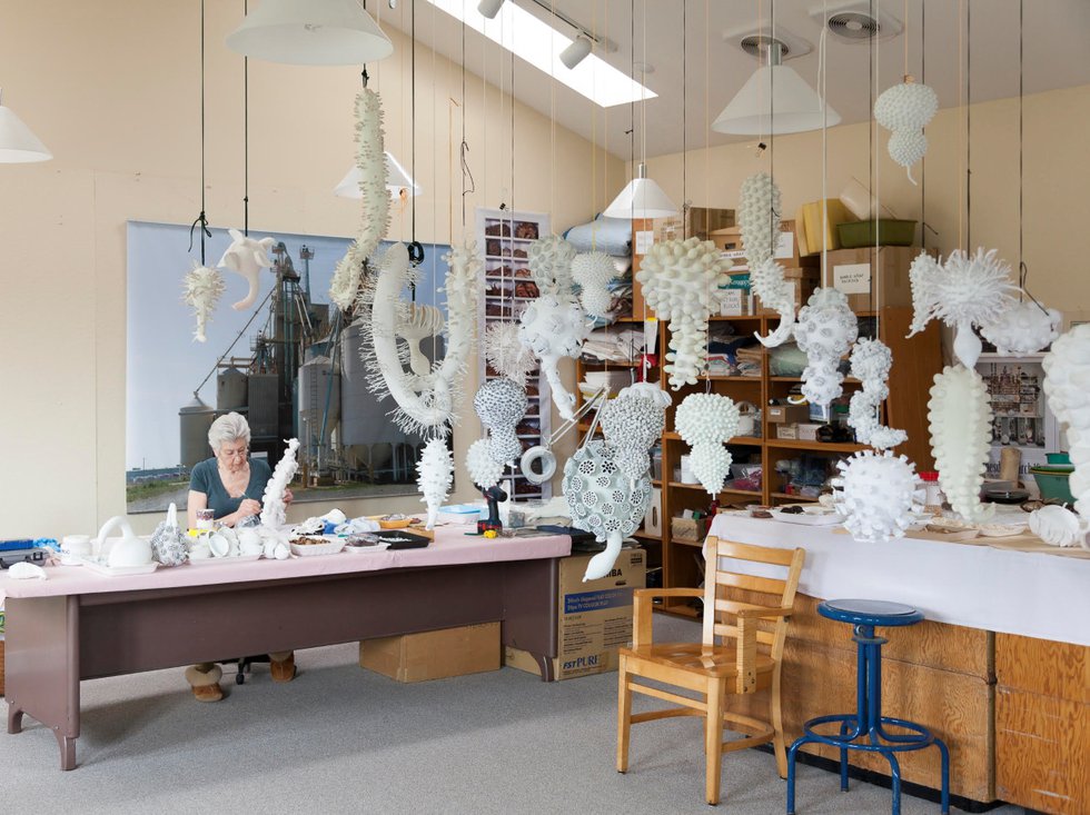 Lyndal Osborne working in her studio on "Curtain of Life," first shown in 2016 at her solo exhibition "Coevolution" at the Vernon Public Art Gallery in British Columbia. (photo by Joseph Hartman)