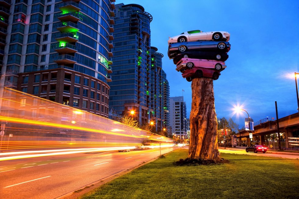 Marcus Bowcott and Helene Aspinall, “Trans Am Totem,” an installation for the 2015 Vancouver Biennale (photo by Robert Earnest)