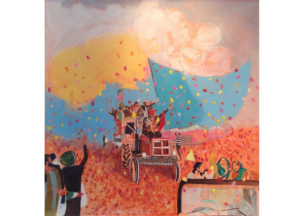 Mary Joyce, “Indian Farmers Flowers Shower/La pluie des fleurs des fermiers et fermières de l’Inde,” 2021