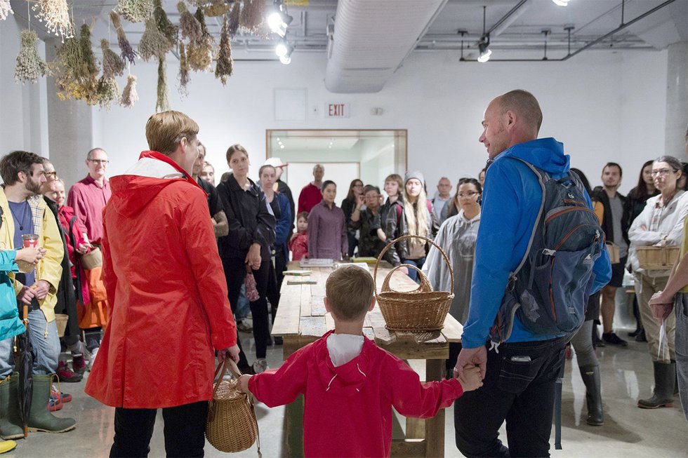 Diane Borsato and Amish Morrell, with Felix Morrell (foreground), “Mushroom Foray,” part of the exhibition “Outdoor School” at the Doris McCarthy Gallery