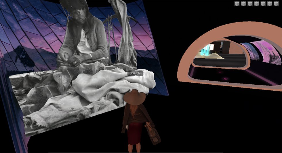 AbTeC Virtual Gallery featuring Robyn McLeod, 2021 (with Sarah Swan’s avatar in the foreground; screenshot by Sarah Swan)