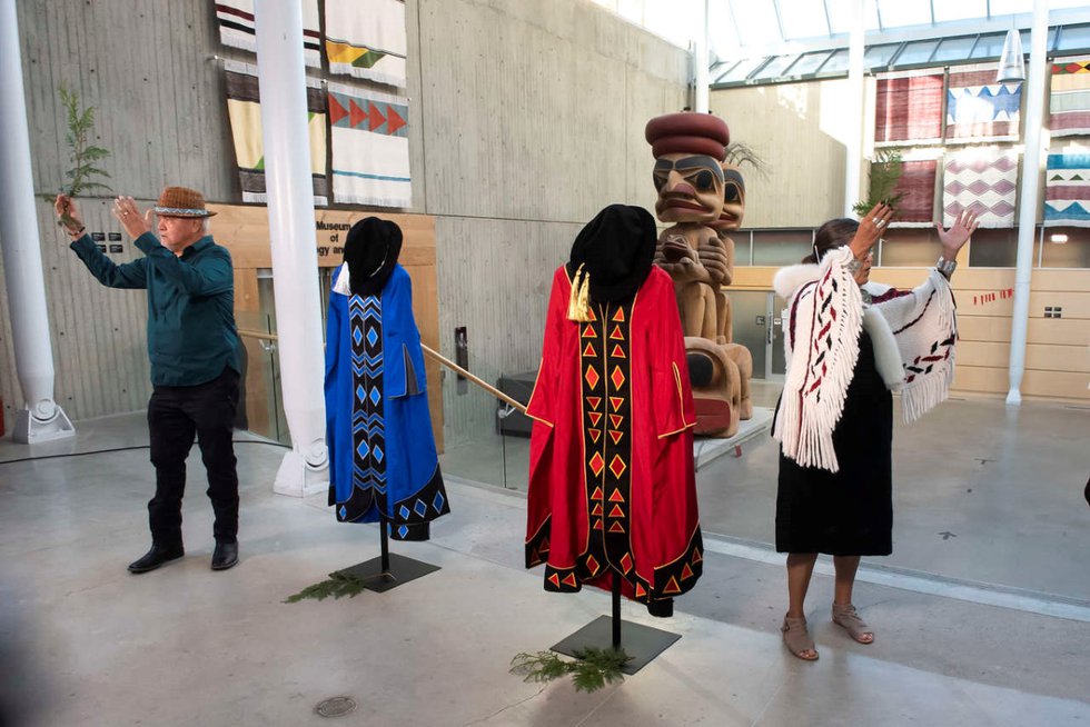 Chief Janice George (Chepximiya Siyam’) and Willard ‘Buddy’ Joseph (Skwetsimeltxw) at a brushing ceremony at Simon Fraser University. Their weaving