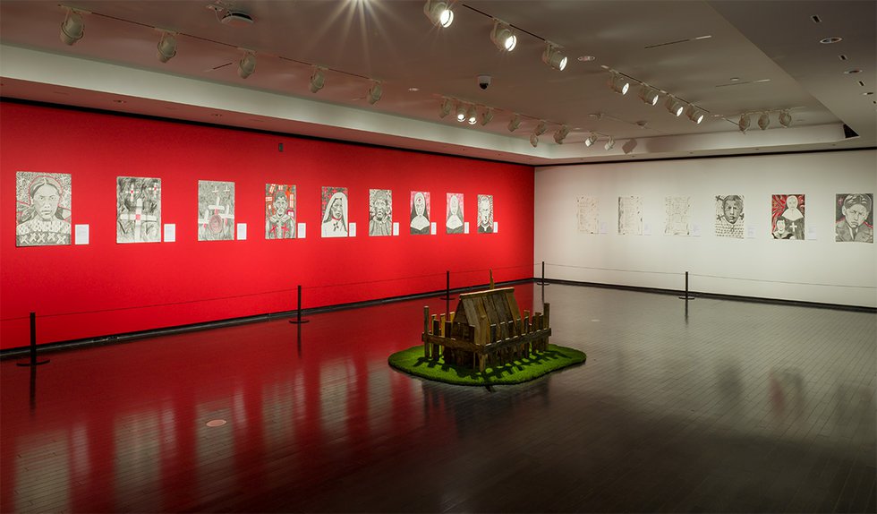 Installation view of “George Littlechild: Here I am – can you see me?,” Art Gallery of Alberta