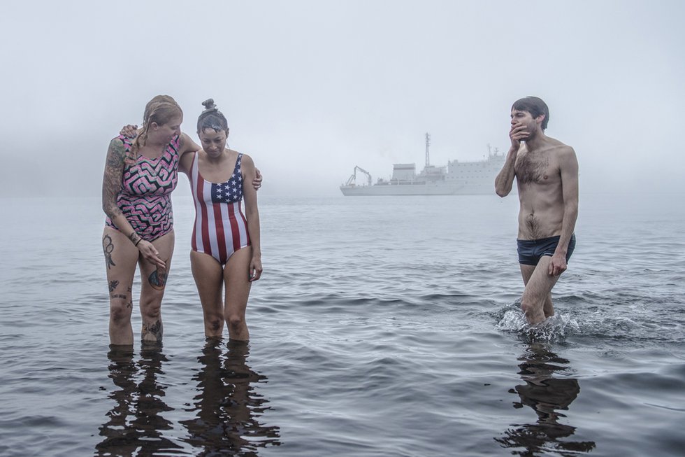 Jeff Topham, “Polar Plunge, Deception Island, Antarctica,” 2016, 24” x 36” (courtesy the artist)