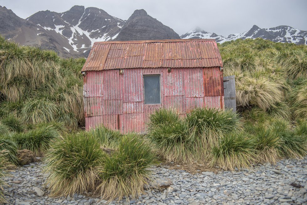 Jeff Topham, “Pink Hut, Jason Harbour, South Georgia,” 2017, C-print mounted aluminum, 24” x 36” (courtesy the artist)