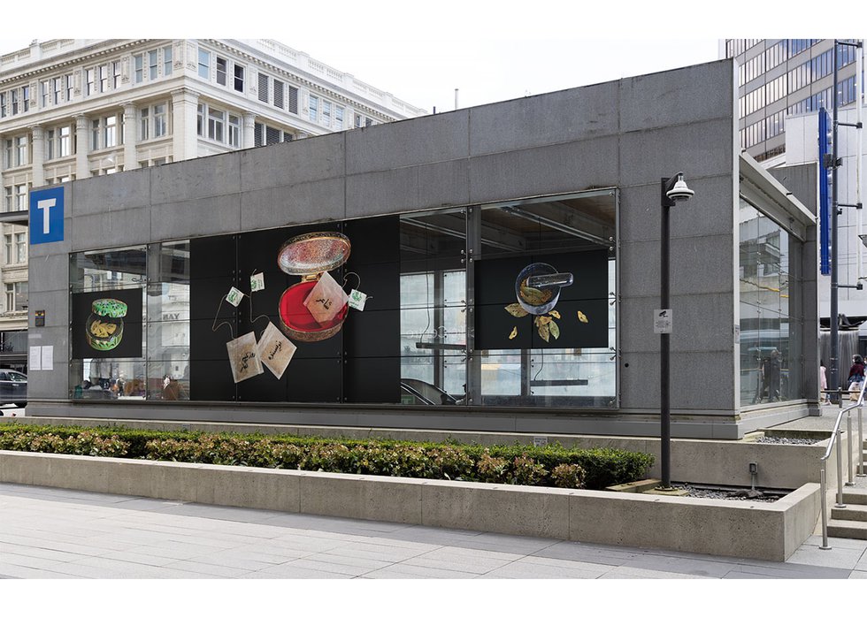 Shahla Bahrami, "Censorship and Autocensorship – I bite my tongue," 2022, installation view at the Vancouver City Centre SkyTrain Station