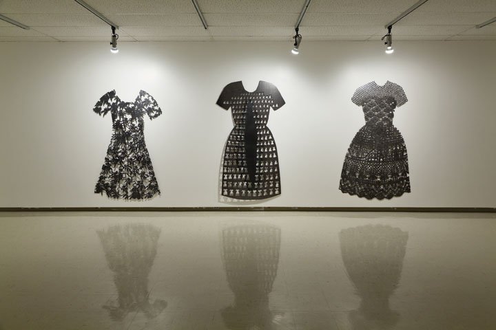 "(l to r) Lace Dress, 1995, plasma-cut, cold-rolled steel. Small Dresses, 1994, plasma-cut cold-rolled steel, Collection of the Canada Council Art Bank. Orchid Dress, 1993, plasma-cut cold-rolled steel"