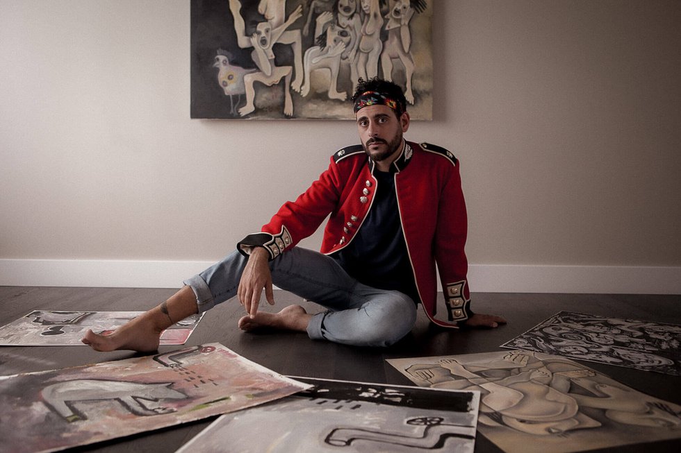 Edmonton-based artist Hanny Al Khoury with some of his work (photo by Tatyana Semenova)