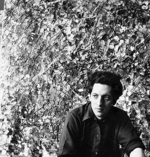 Jean Paul Riopelle at his Durantin studio in Paris, 1952, showing “Sans titre,” 1952