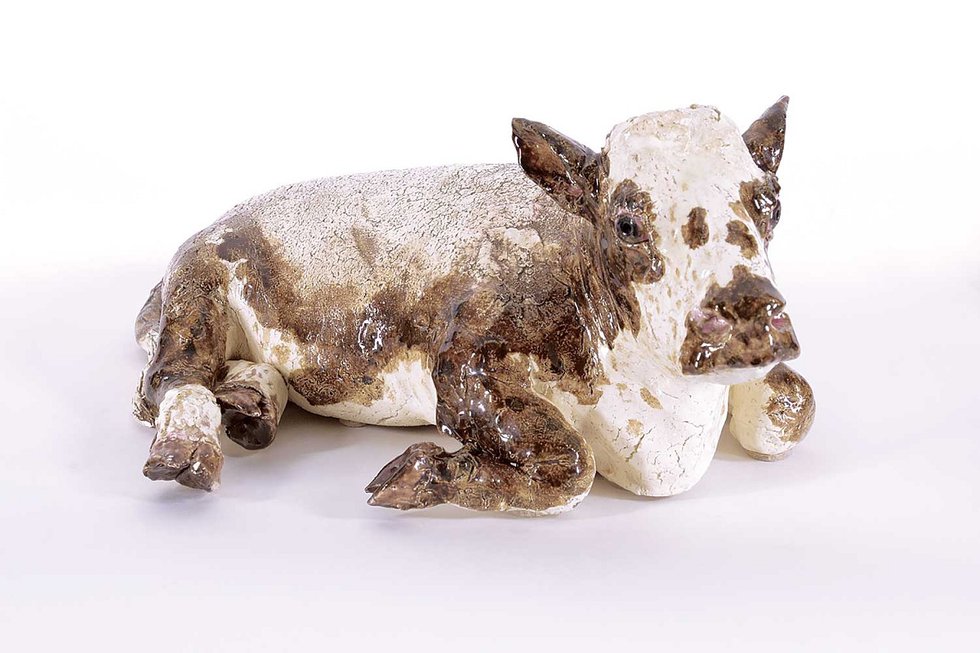 Joe Fafard, “Aunt Cow,” 1973, glazed ceramic sculpture, 8" x 20" x 13" (sold at Levis for $29,250)