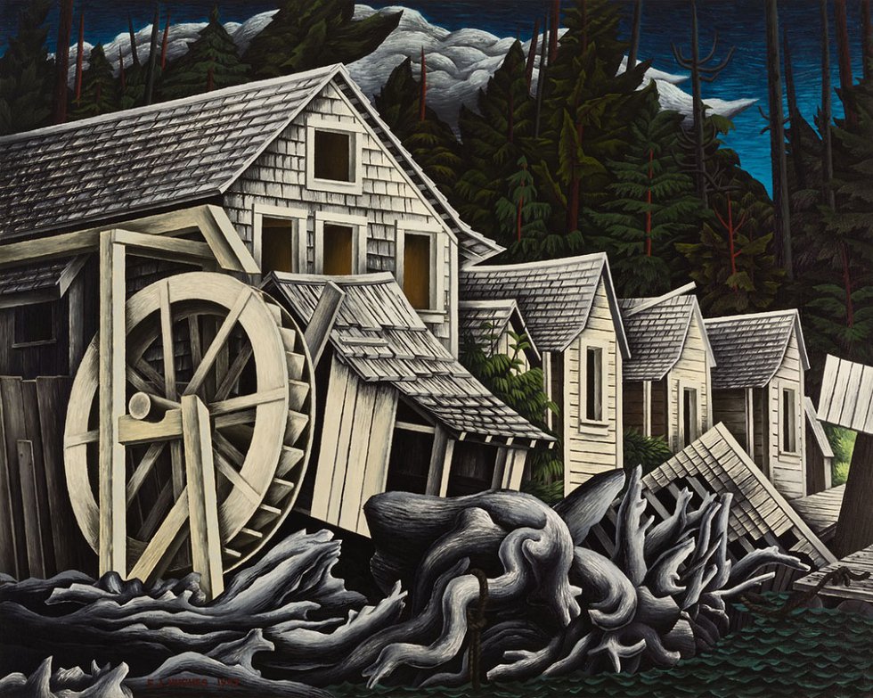 E.J. Hughes, “Abandoned Village, Rivers Inlet, BC,” 1947, oil on canvas, 32" x 40" (sold at Heffel for $1,801,250)