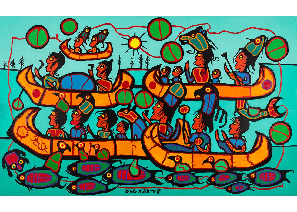 Norval Morrisseau, “The Great Migration of the Ojibwa People,” 1989, acrylic on canvas, 56.5" x 92.5" (sold at First Arts for $192,000)