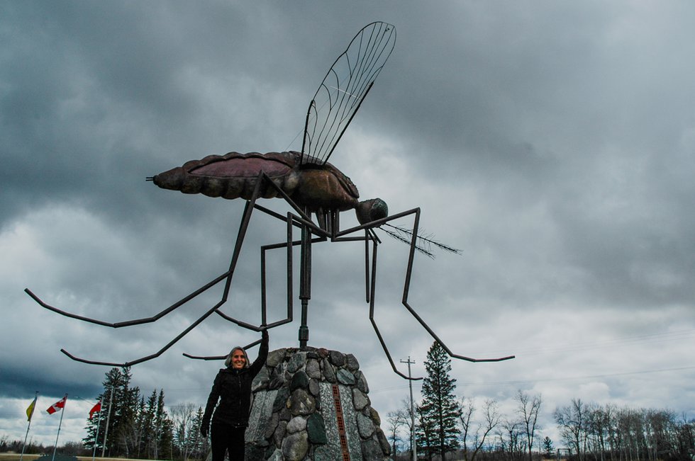 Agnieszka Matejko poses with Marlene Magnusson Hourd’s steel sculpture