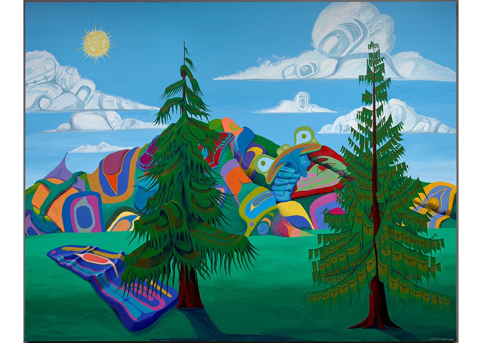 Lawrence Paul Yuxweluptun, “New Climate Landscape (Northwest Coast Climate Change),” 2019