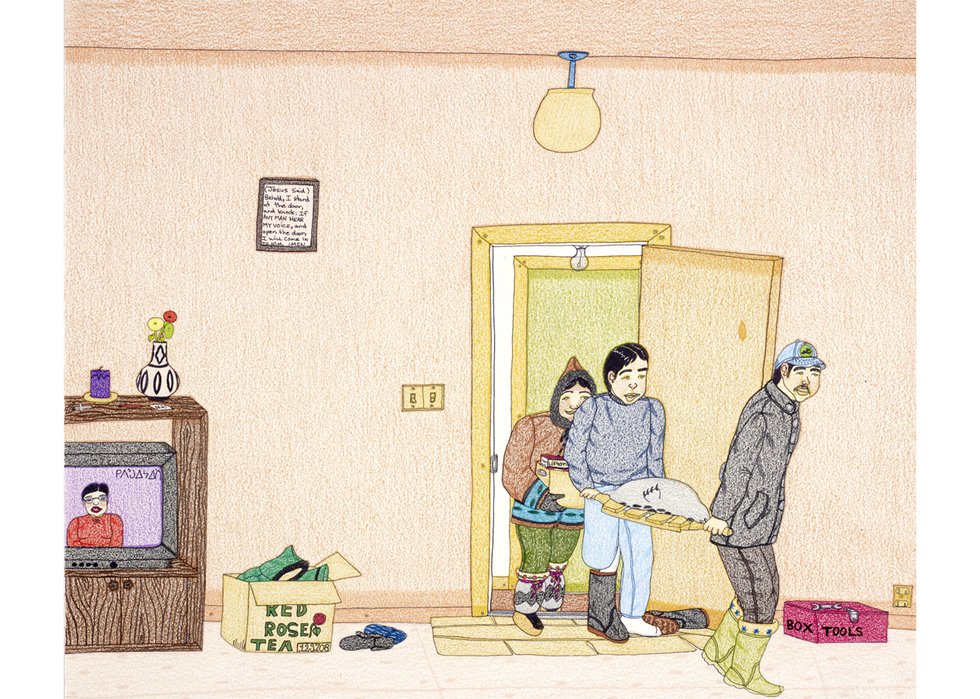 Annie Pootoogook, “Bringing Home Food,” 2003-04