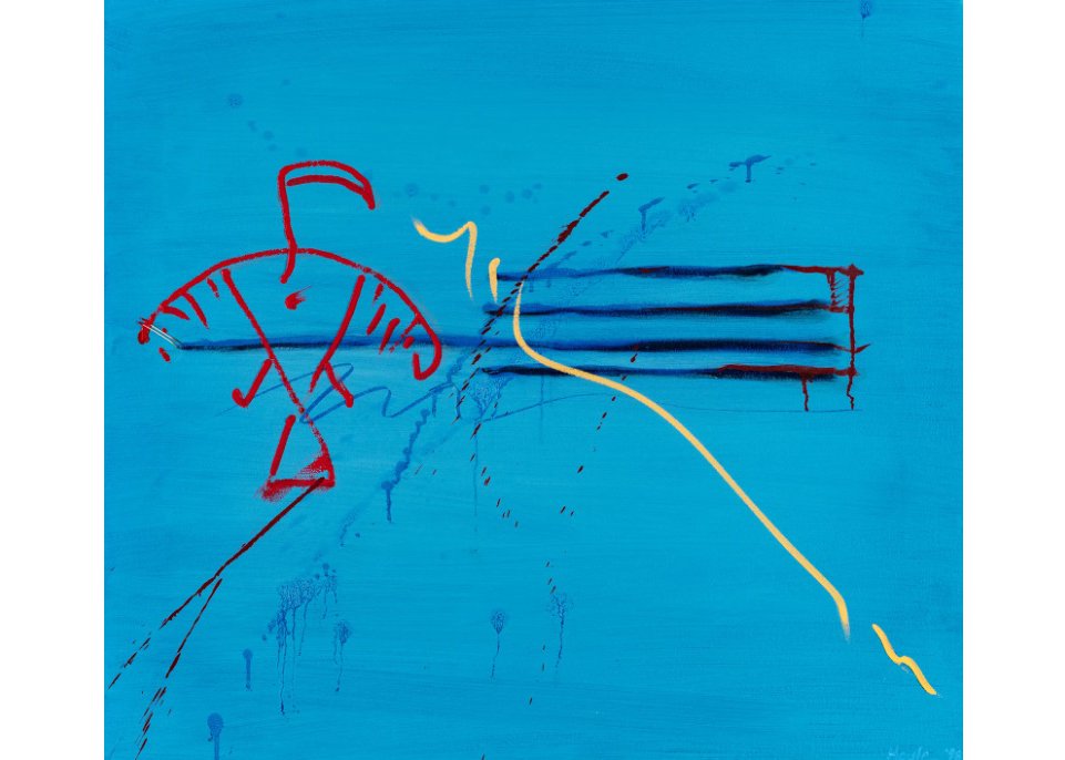 Robert Houle, “Untitled (Abstract with Thunderbird on Blue),” 1998, oil and porcupine quills on canvas, 33" x 37" (sold at First Arts for $18,000)