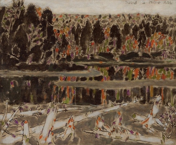 David Brown Milne, “Outlet of the Pond, Late Afternoon,” 1926, oil on canvas, 18.25" x 22"  (sold at Cowley Abbott for $528,000)