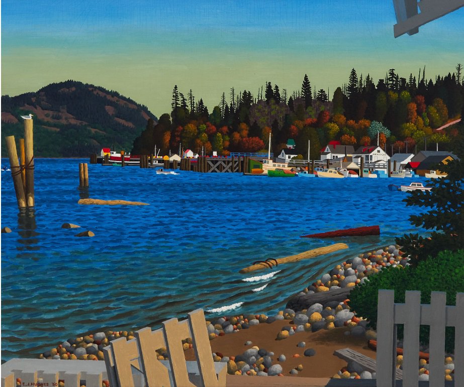 Edward John (E.J.) Hughes, “The Waterfront at Cowichan Bay,” 1960, oil on linen, 25" x 30" (sold at Waddington's for $318,750)