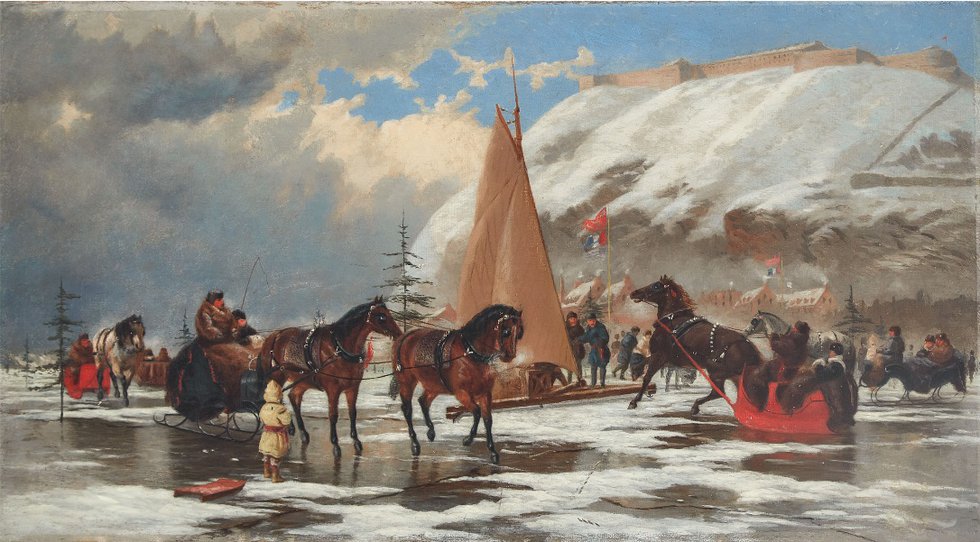 John B. Wilkinson, “Sleighs on the Ice below the Citadel, Quebec City,” no date, oil on canvas, 10" x 18.25" (sold at Waddington's for $51,150)