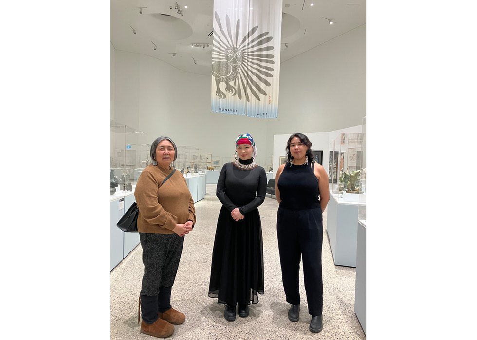 Artists from left to right: Eva Qirniq Noah, Aghalingiak Okokannoak and Dayle Kubliuitok (photo courtesy of WAG-Qaumajuq)