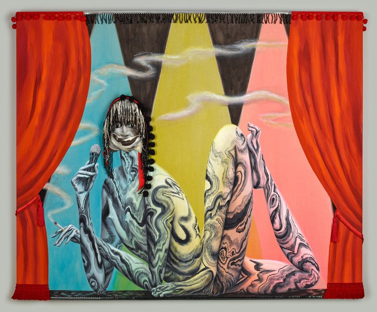 Shary Boyle, “Cabaret,” 2022, gouache acrylique, céramique, textiles et encre sur lin, 30" x 36" (courtesy of Patel Brown)