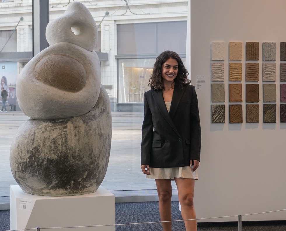 Lili Yas Tayefi with “Elemental Alchemy” at Brookfield Place in Calgary. (photo by Janille Delos Reyes/The Press)