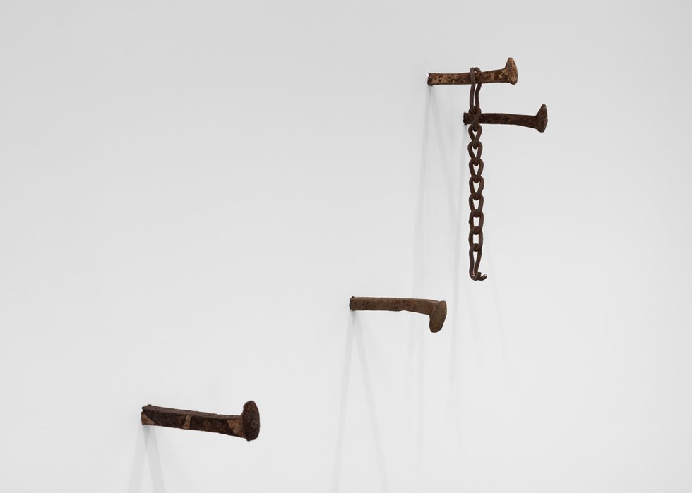 June Clark, detail of “Treks” (from “The Perseverance Suite”), 2024, aged railroad spikes and chains (photo by LF Documentation, courtesy of the artist and Daniel Faria Gallery)