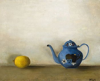 Christiane Sybille Pflug, “Still Life with Fruit and Blue Teapot,” 1957, oil on canvas, 13.25" x 16.25" (sold at Heffel for $25,000)