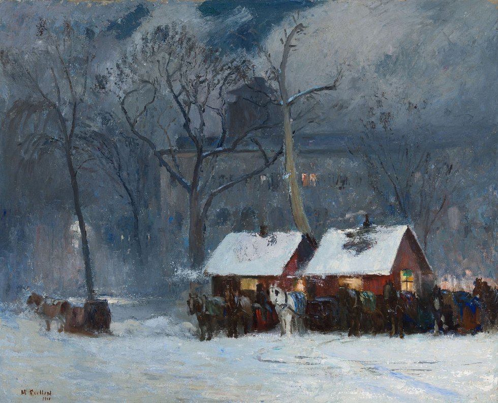 Maurice G. Cullen, “Cab Stands, Phillips Square, Montreal,” 1911, oil on canvas, 26" x 32" (sold by Heffel for $541,250)