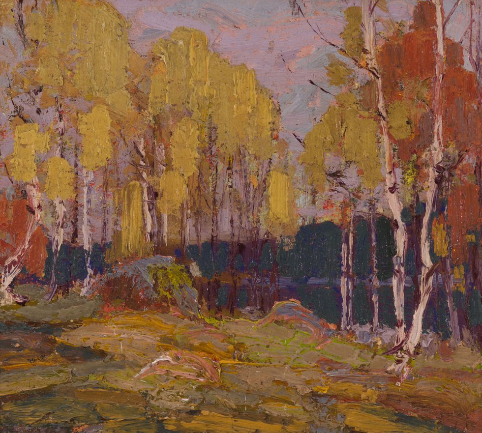 Tom Thomson, “Fall Woods, Algonquin Park,” 1914, oil on canvas on board, 8 3/8" x 9 7/8" (sold by Heffel for $931,250)