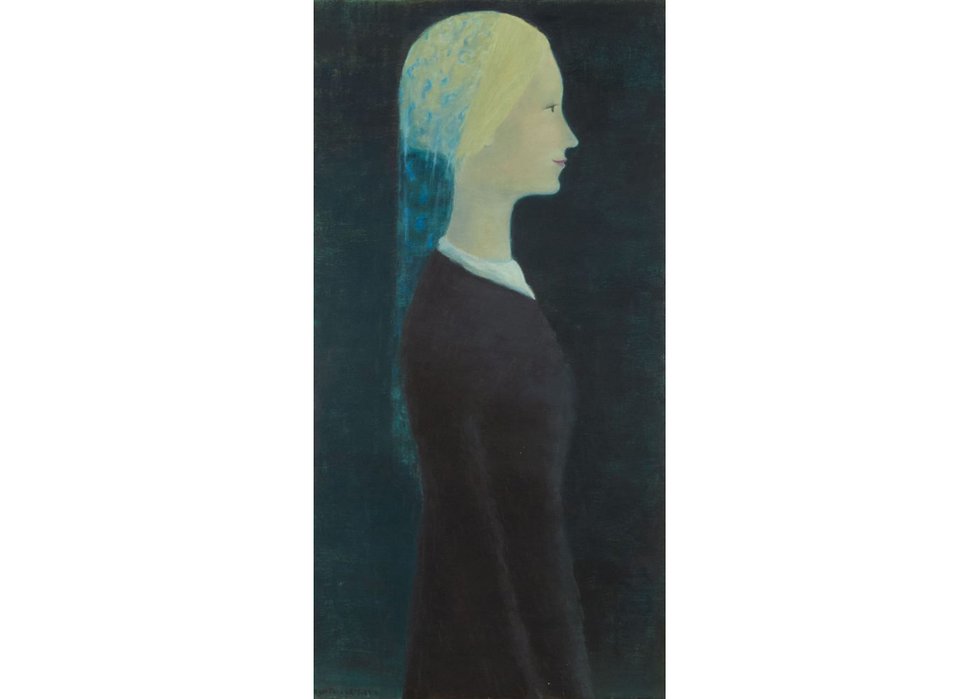 Jean Paul Lemieux, "La Jeune Fille Au Voile Bleu," 1962, oil on canvas, 40.5" x 20.75"