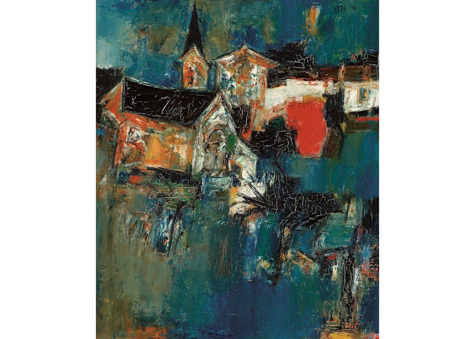 Sayed Haider Raza, “Eglise du village,” 1958, oil on canvas, 21.5" x 18"