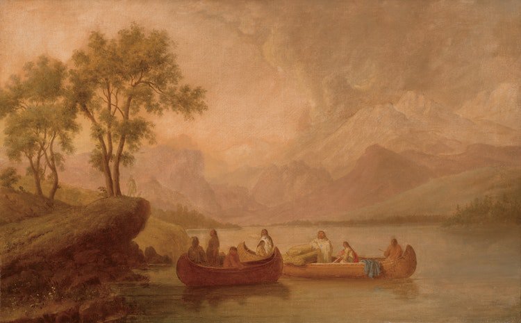 Paul Kane, “Parties of Indians in Two Canoes on Mountain Lake,” 1855, oil on canvas, 18.75" x 29" (sold by Cowley Abbott for $720,000)