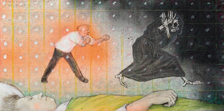 William Kurelek, “Death Fears Him Who Resist He,” no date, mixed media on board, 6.5" x 13.25"